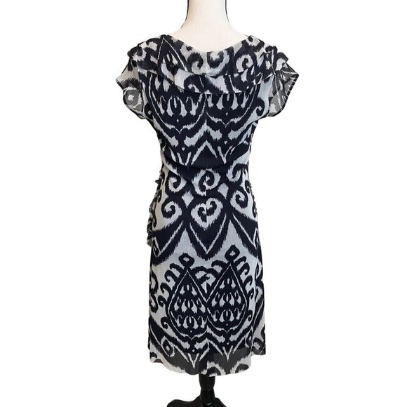 Anthropologie Weston Wear V-Neck Ruffle Dress Black & Gray Abstract Print Medium - Picture 2 of 9